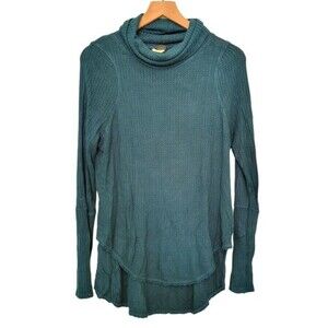 Free People Teal Cowl Neck Waffle Knit Long Sleeve Thermal Size Small